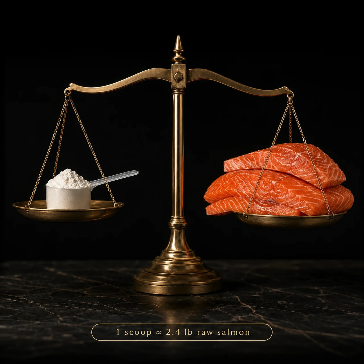 Balance scale comparing one scoop of creatine with approximately 2.4 pounds of raw salmon.